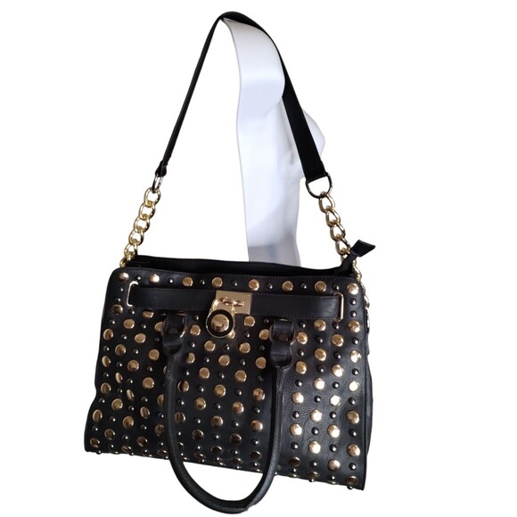 Black Leather Brass Studded Chain and Leather Handles Purse Satchel Tote - Picture 3 of 9